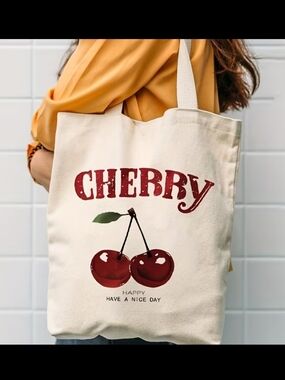 Cherry Print Cream Canvas Tote Bag - Casual Everyday Shoulder Bag